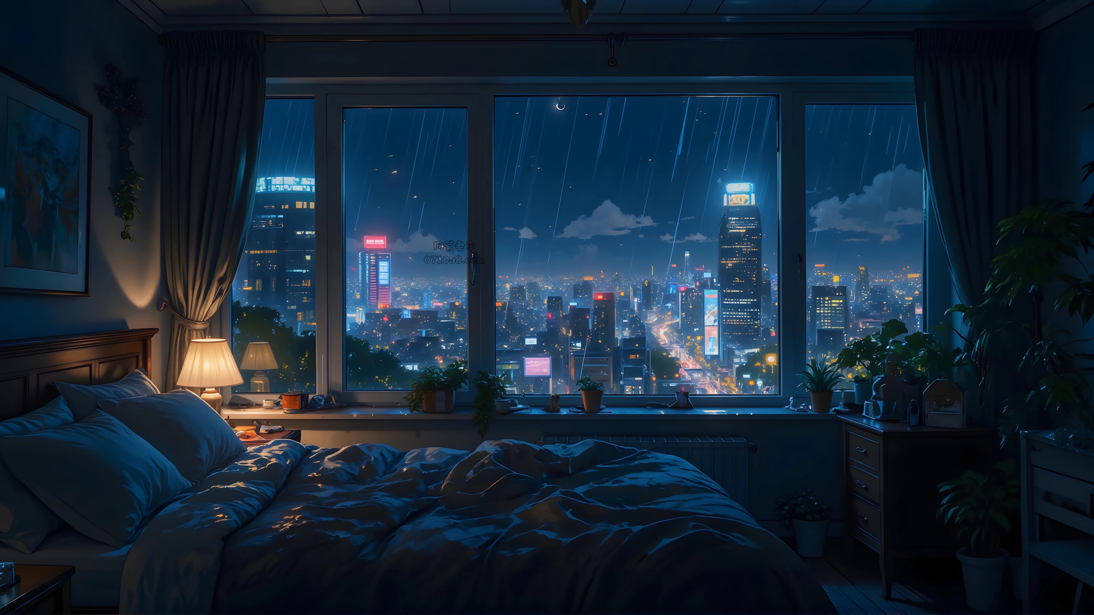 卧室 台灯 城市夜景 雨 窗景 房间温馨卧室 4K壁纸_彼岸图网.jpg